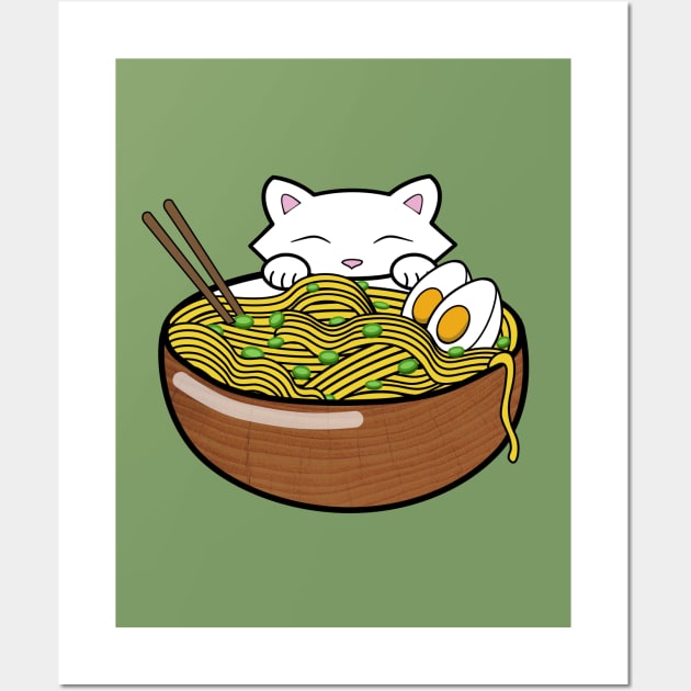 Cute cat eating ramen noodles from a wooden bowl Wall Art by Purrfect